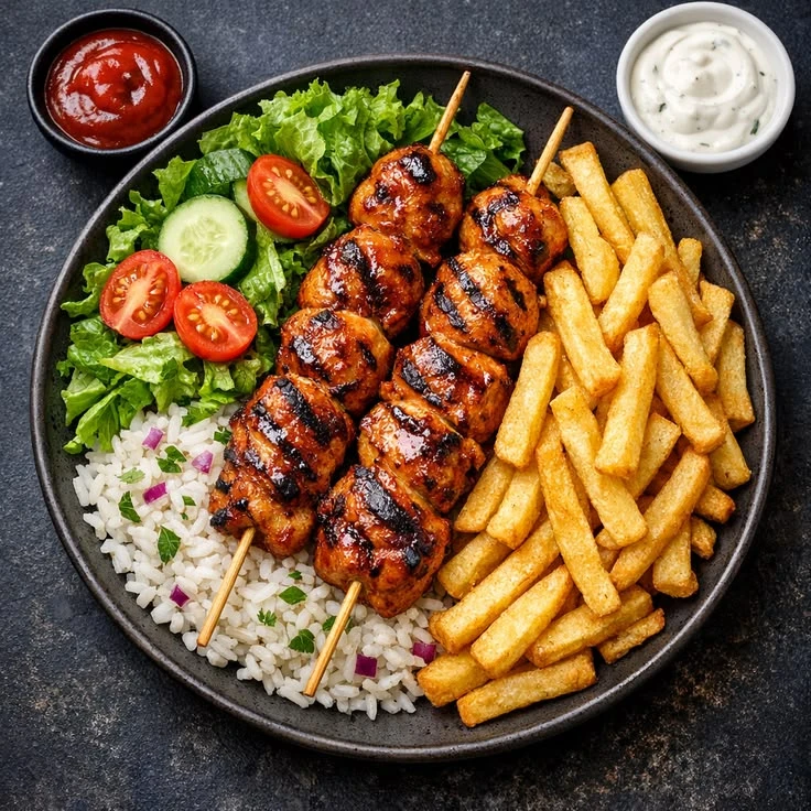 Chicken kebab and chips / rice