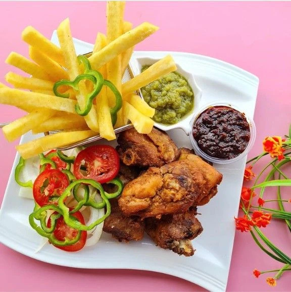 Fried yam and chicken